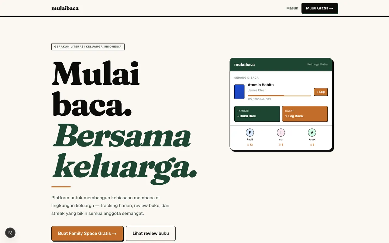 Mulaibaca landing page showing the family reading platform with bold editorial typography and app mockup