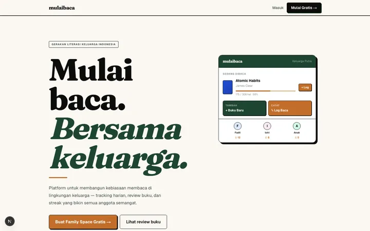 Mulaibaca landing page showing the family reading platform with bold editorial typography and app mockup
