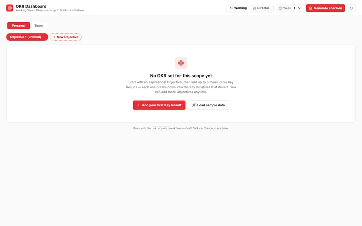 OKR Dashboard showing objectives, key results, and confidence scoring